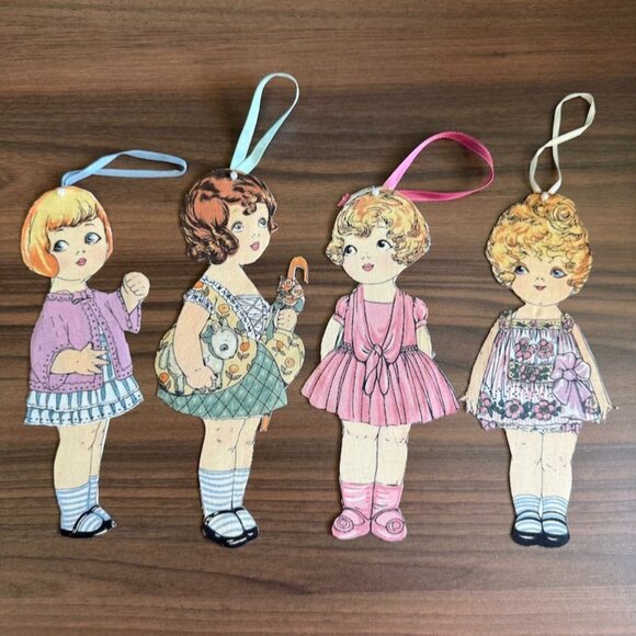 Antique 1920s Paper Fabric Doll Cut Outs Christmas Ornaments With Ribbons - Picture 5 of 10